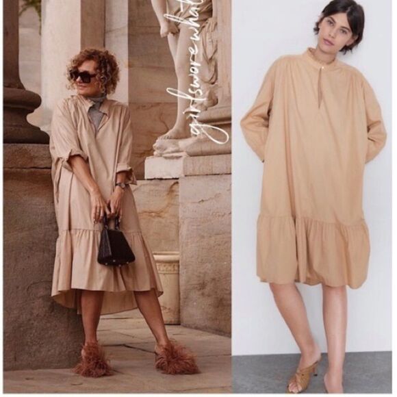 ZARA Cotton Long Sleeve Poplin Midi Dress Camel S - Picture 12 of 16